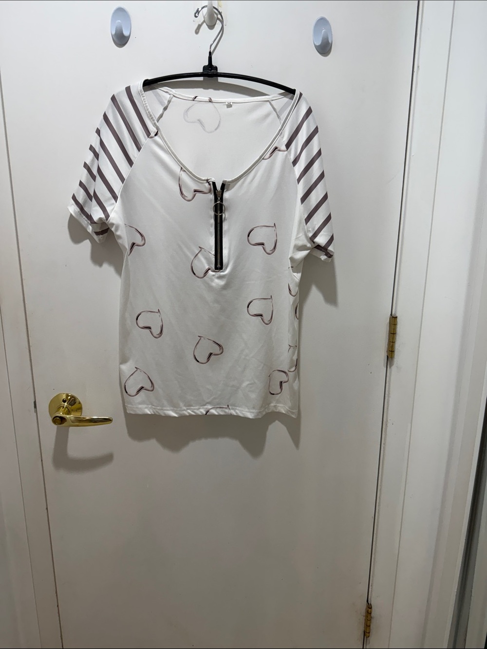 Cream Short Sleeve Zip-Front Tee with Heart Print